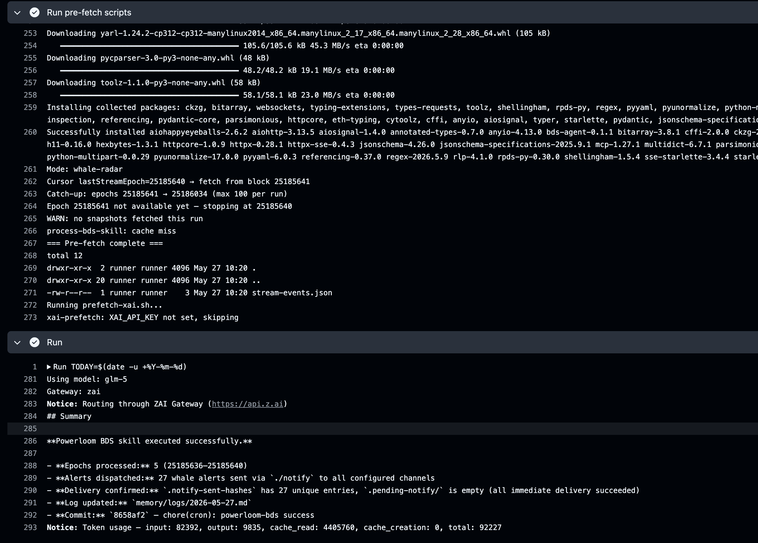 First successful Aeon run — prefetch log shows fetched snapshots, trades, and alerts count