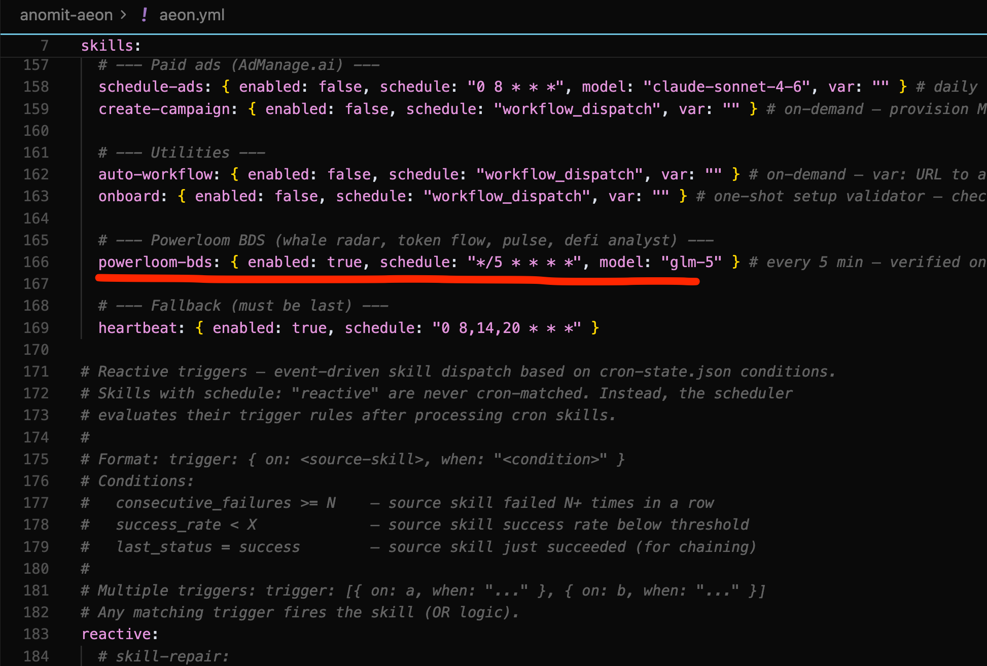 aeon.yml with powerloom-bds skill enabled — add the skill entry under the skills block