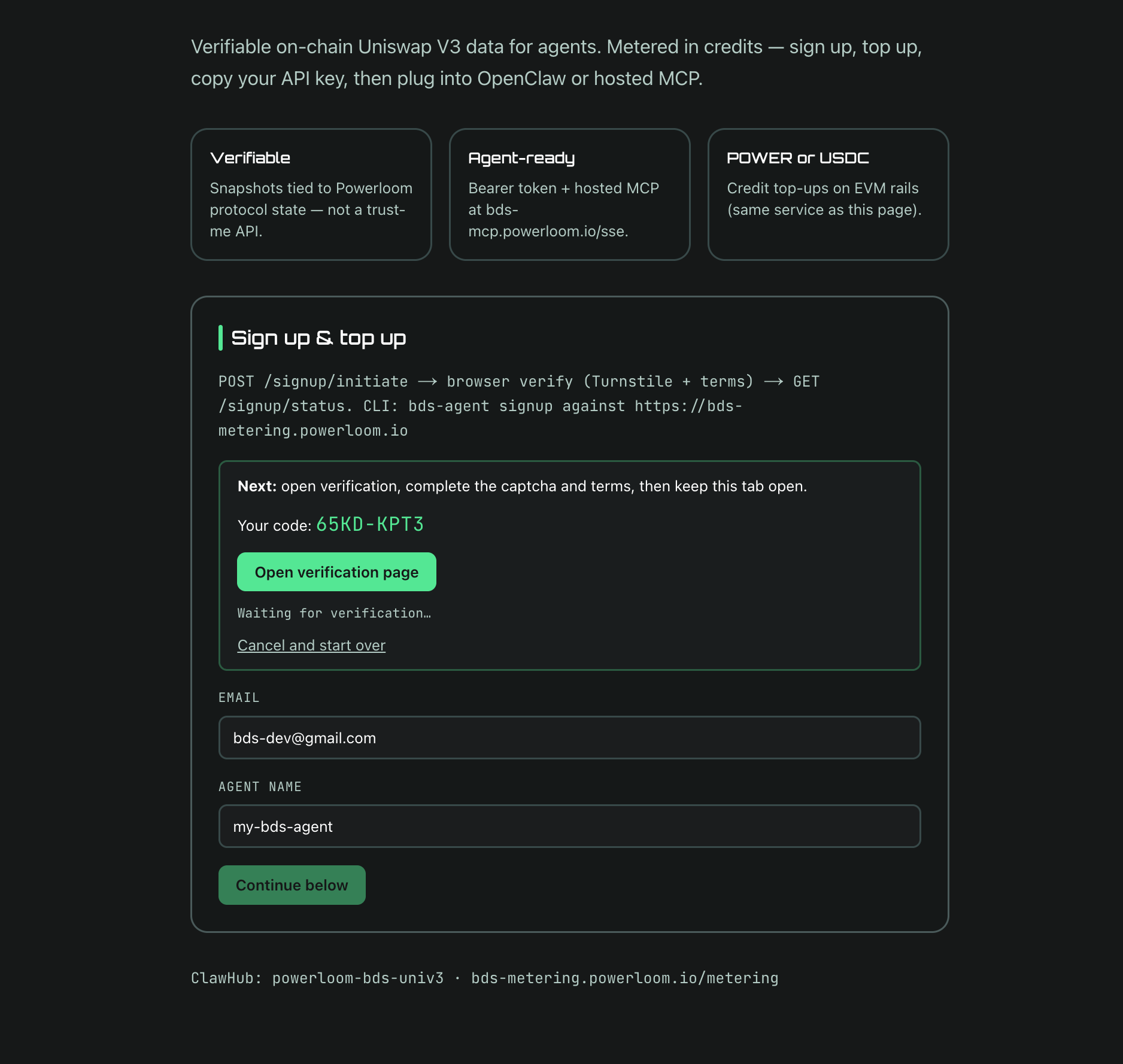 Browser signup — enter email and agent name, then complete verification