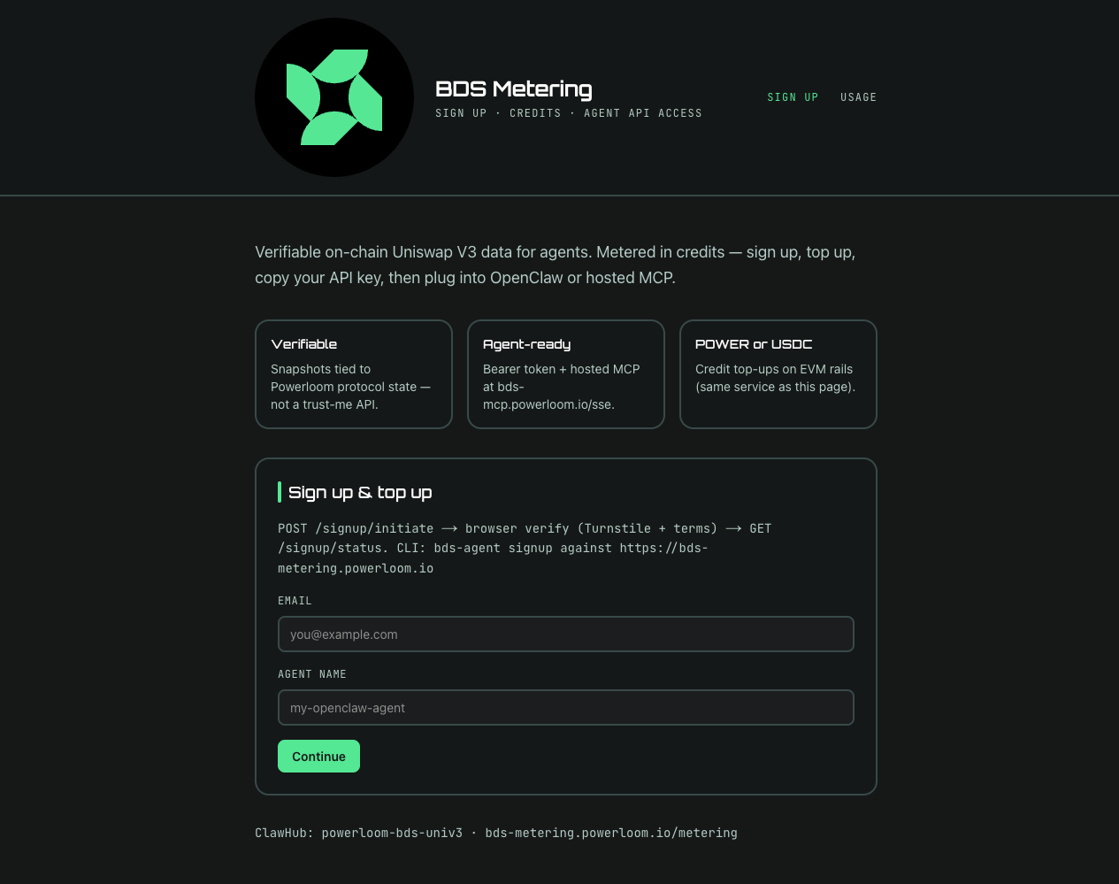 Powerloom signup page — dark theme with hero cards for Verifiable, Agent-ready, and POWER or USDC; SIGN UP tab with EMAIL and AGENT NAME fields